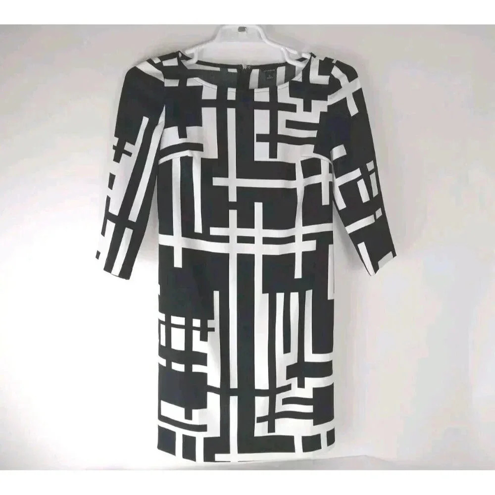 Ann Taylor Shift  Womens  White Black Geometric Print Round Neck Dress‎ Size 2